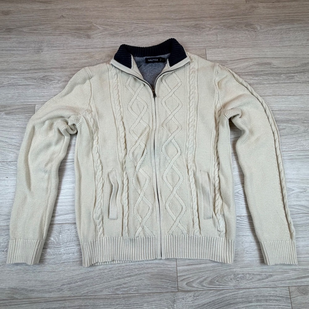 Nautica Men Beige Cable Knit Full Zip Sweater Jacket Size L Grandpacore Dadcore‎